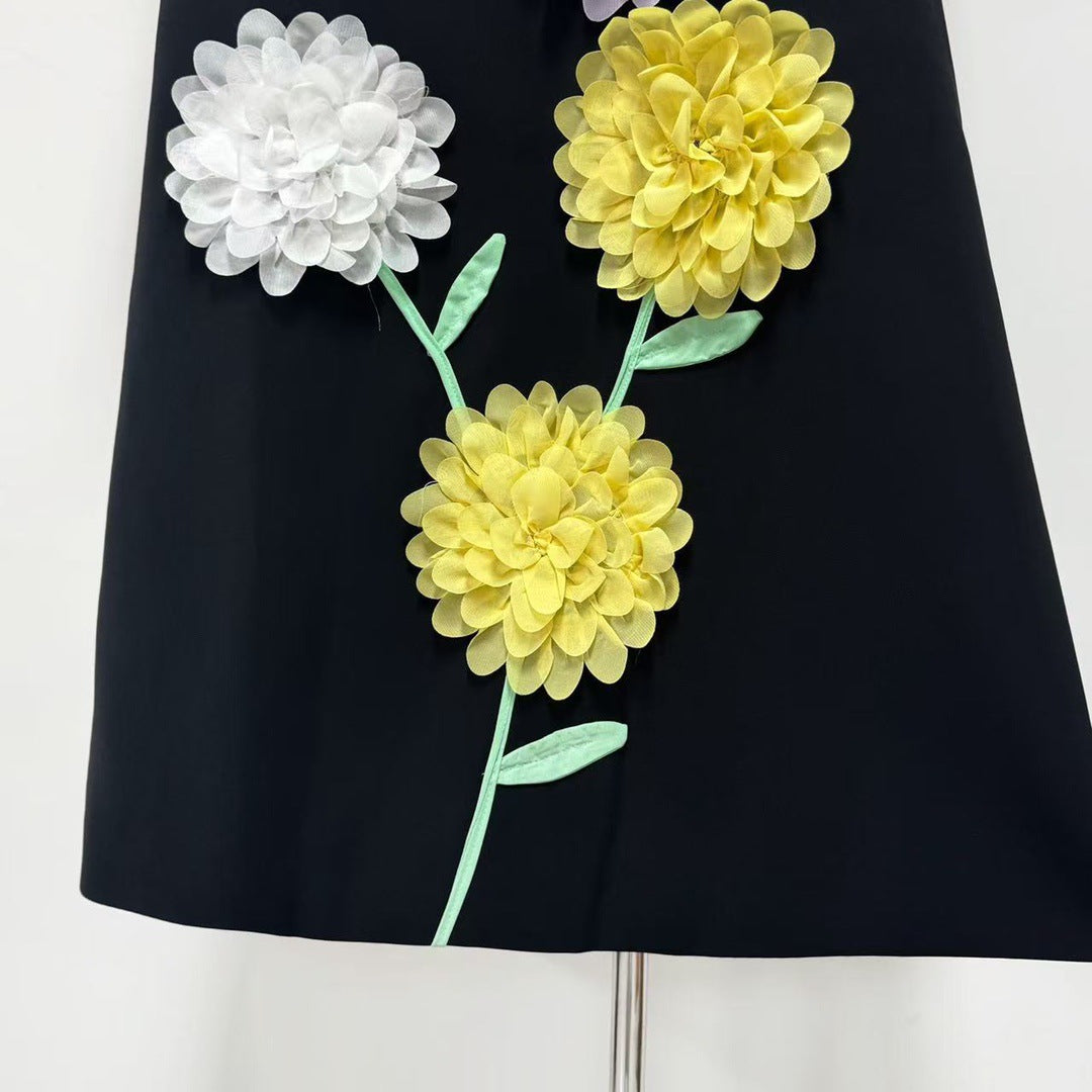 KRISTIN BUTTERCUP EMBROIDERED BLACK MAXI DRESS