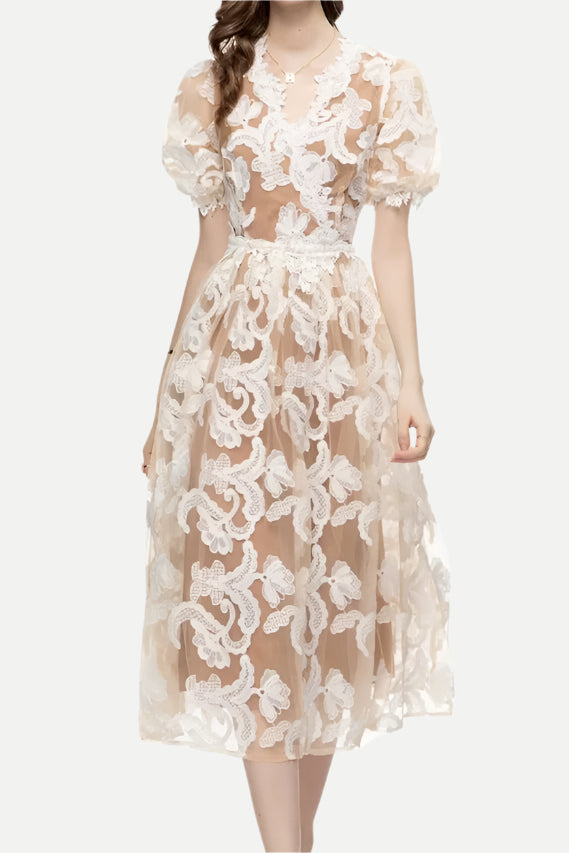 ALISA BEIGE PUFF SLEEVE EMBROIDERED MIDI DRESS