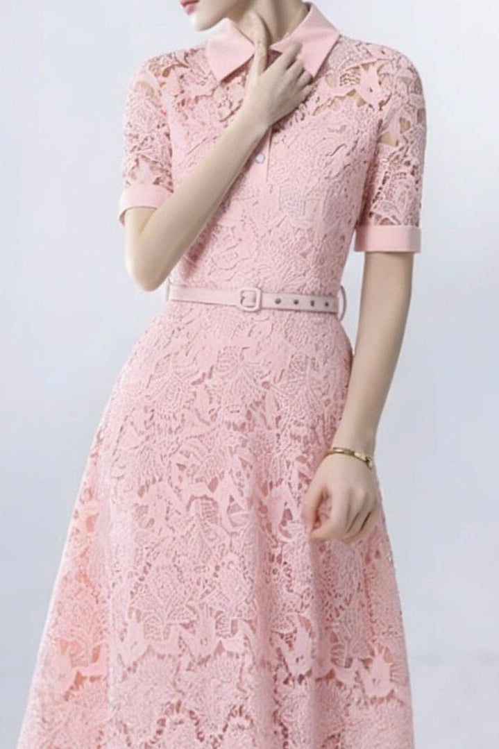LACE COLLAR BELTED MIDI DRESS FOR WEDDING GUEST