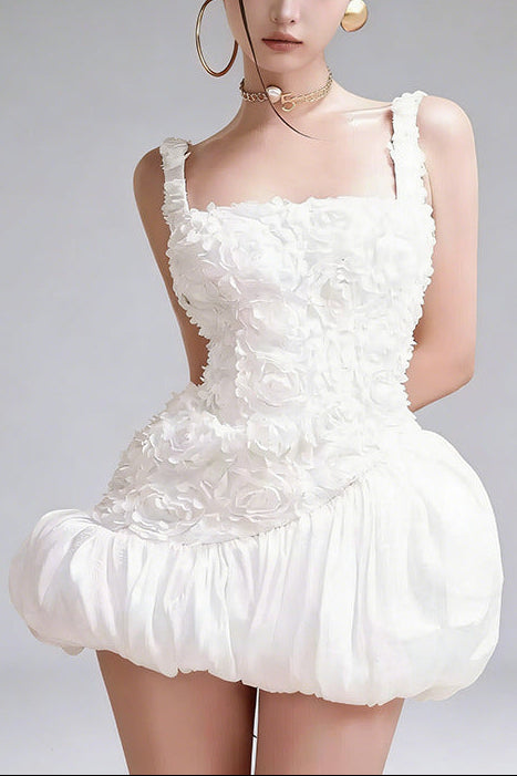JOCELYN PUFFY MINI DRESS WITH FLOWER EMBELLISHMENT