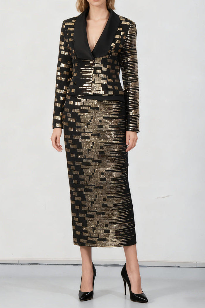 HIGH-WAISTED BLACK SKIRT SUIT, GOLD SEQUIN BLAZER