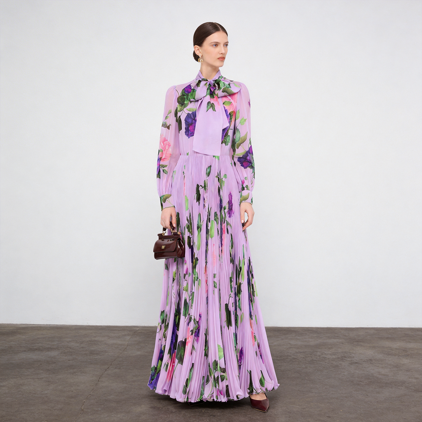 PURPLE FLORAL LONG SLEEVE PLEATED DRESS FOR WEDDING