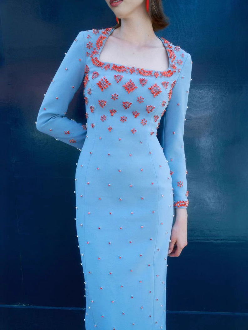 MEROY SQUARE NECK FLORAL BEADED MAXI DRESS SKY BLUE
