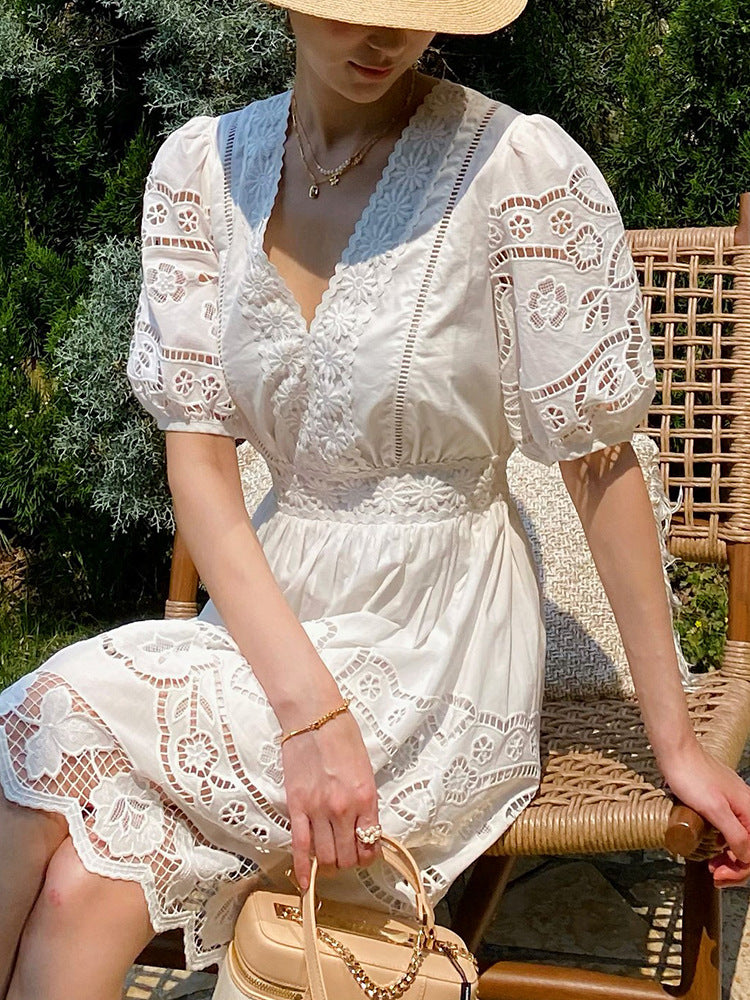 WHITE OPENWORK EMBROIDERED PETITE V-NECK SHORT DRESS