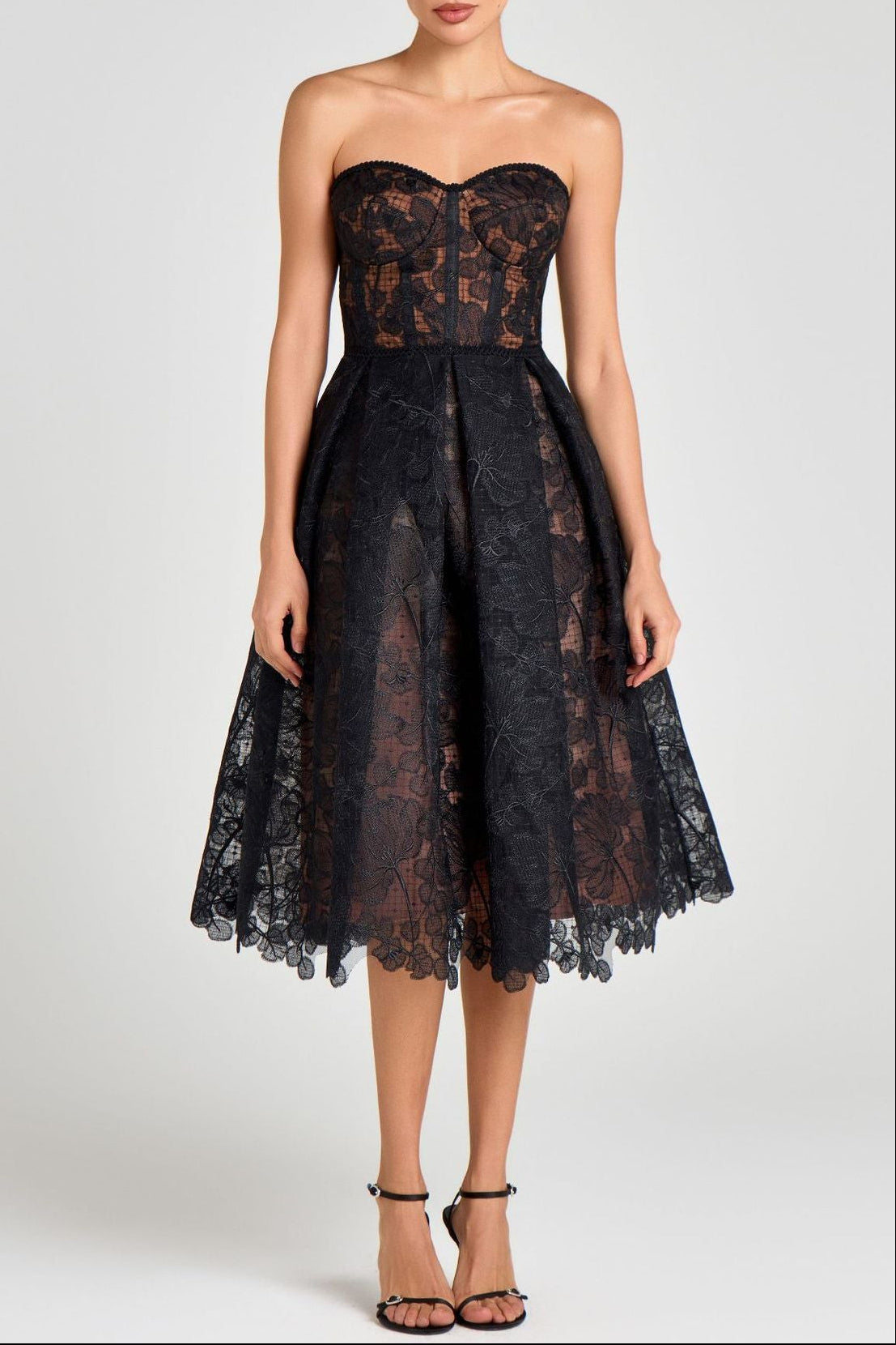 AGNENS BLACK LACE STRAPLESS MIDI DRESS