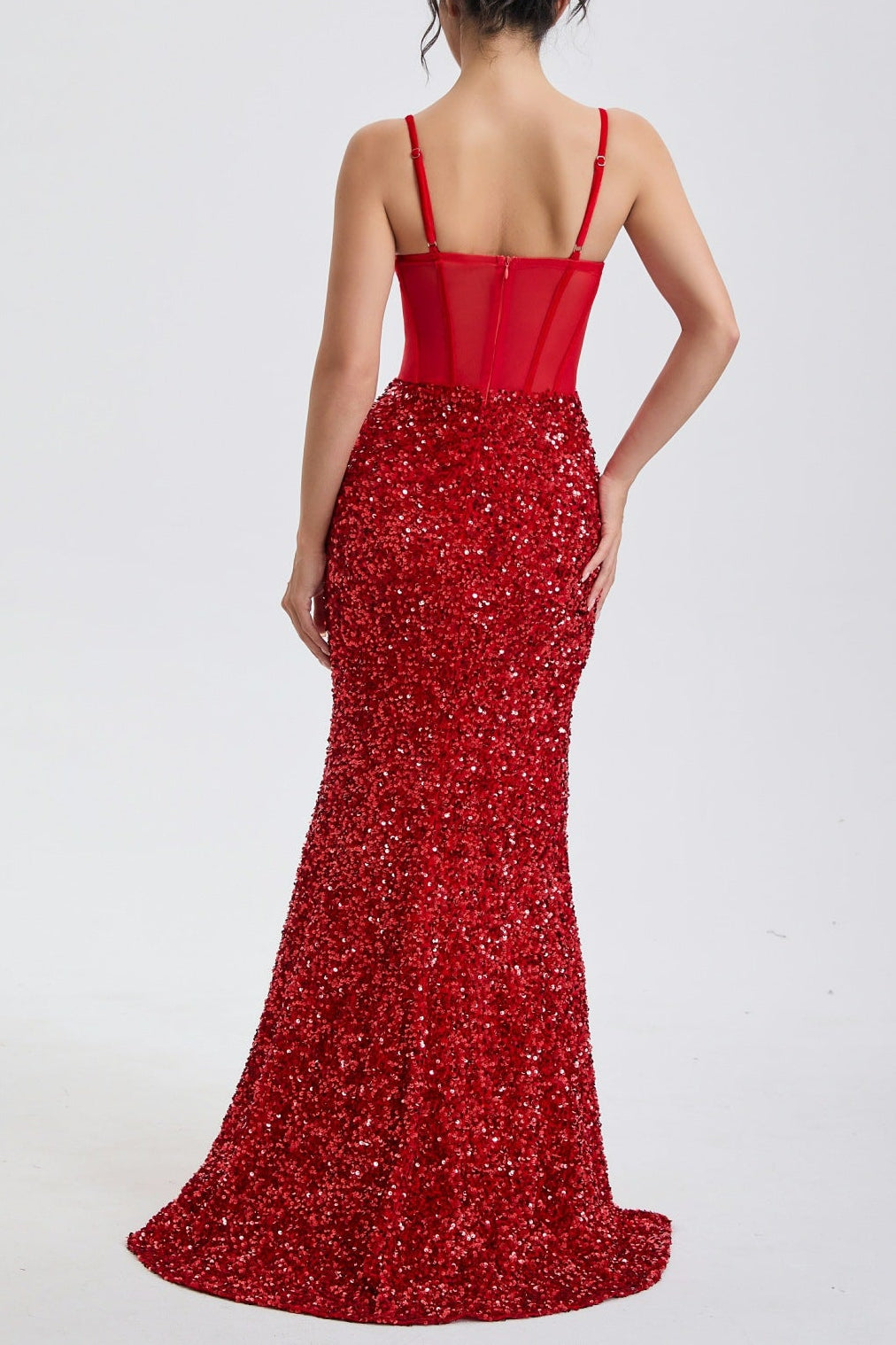 RED SEQUIN CORSET HIGH SLIT MAXI DRESS