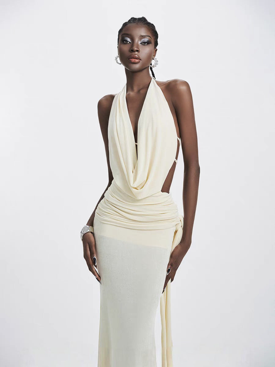 RUCHED HALTER BODYCON MAXI DRESS WHITE