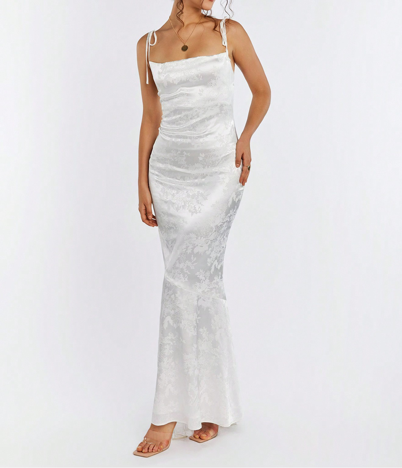 SATIN JACQUARD MERMAID MAXI DRESS, OPEN BACK, SLIM SILHOUETTE