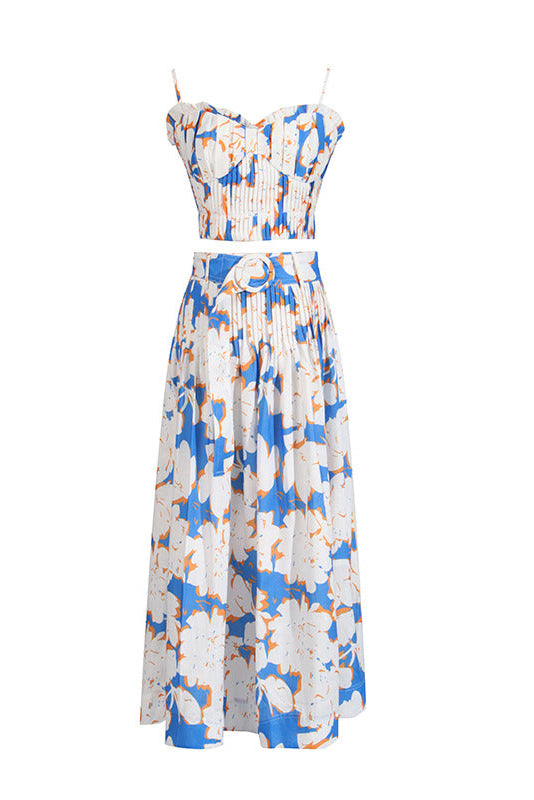PLEATED FLORAL BUSTIER TOP & SKIRT SET, BLUE, BEACH