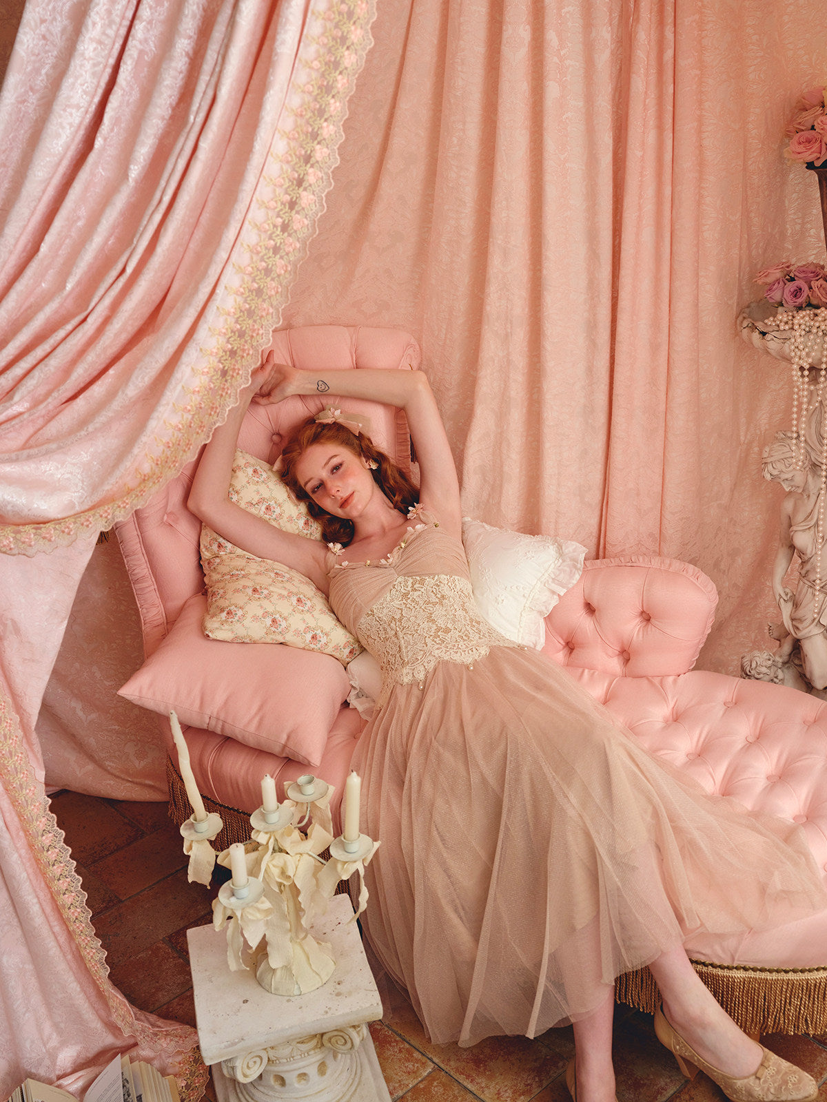 HELOISE LACE MAXI DRESS IN CREAM PINK