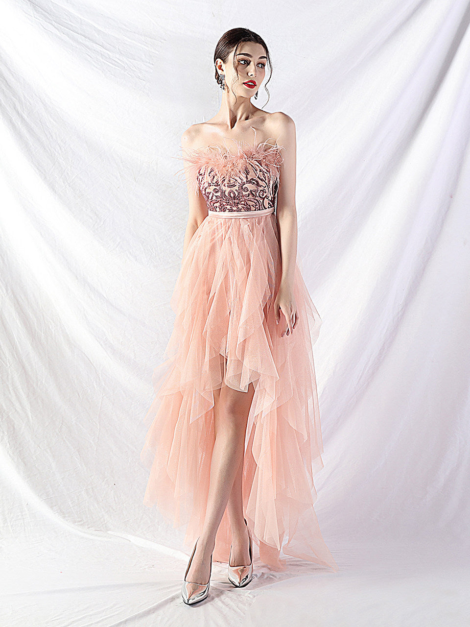 STRAPLESS FEATHER TULLE MIDI DRESS FOR PARTY