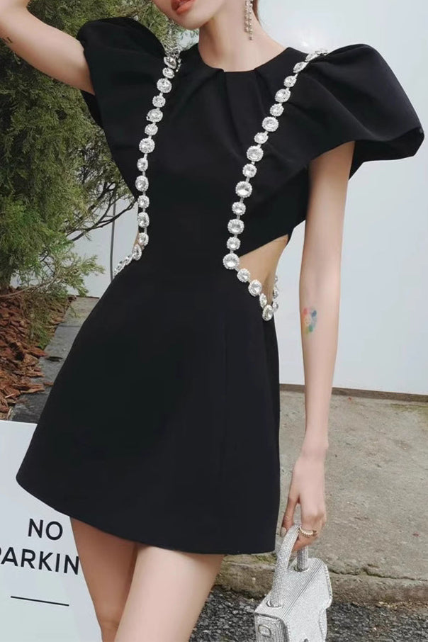 3D RUFFLE RHINESTONE HOLLOW MINI DRESS, BLACK