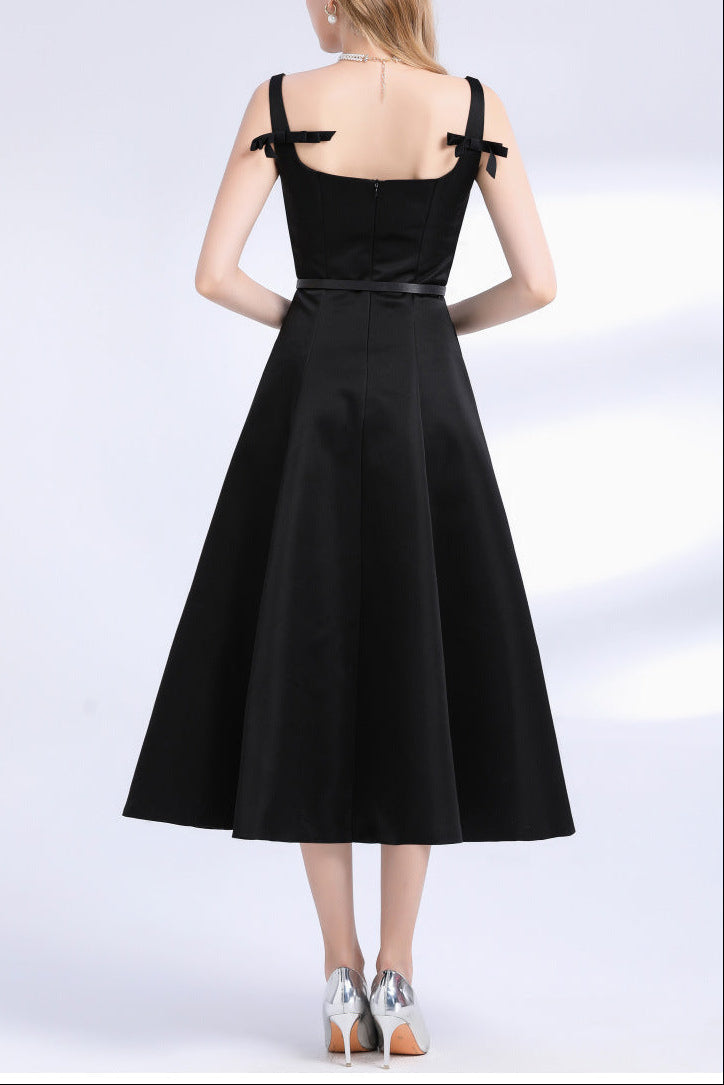 AMELIA SQUARE NECK SATIN SLIP MIDI DRESS - BLACK