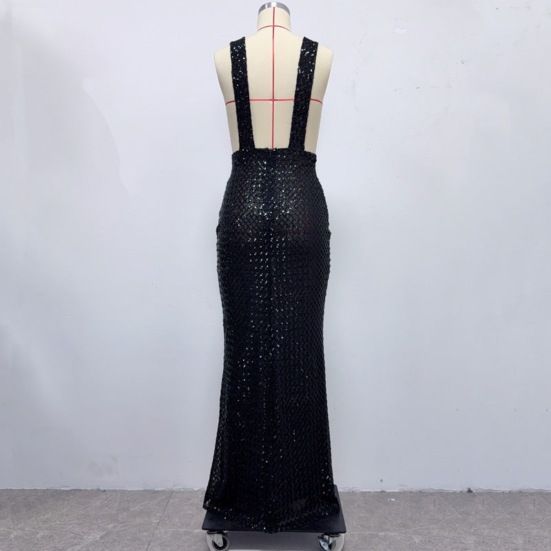 V-NECK SEQUIN MAXI DRESS IN BLACK, REBECCA BOW