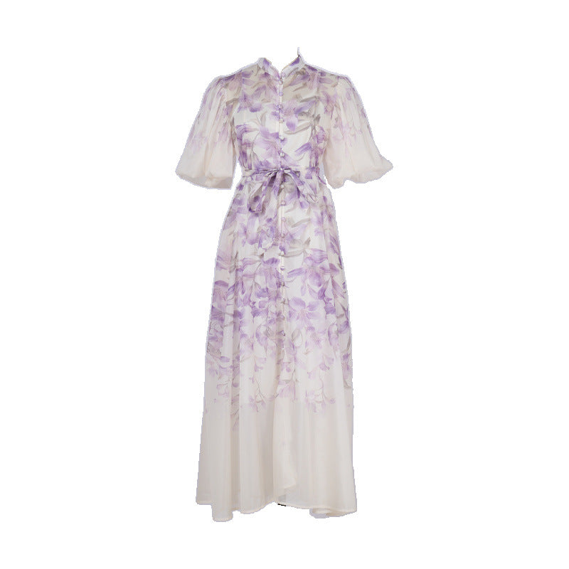 PINK FLORAL MANDARIN COLLAR CHIFFON MAXI DRESS