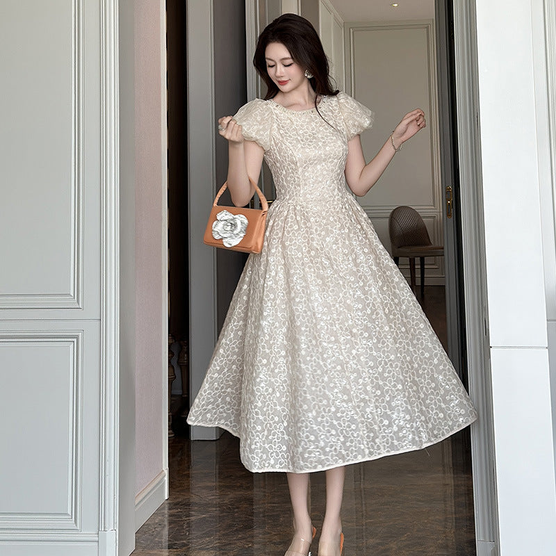 PEARL NECK PUFF SLEEVE LACE FLARE MAXI DRESS APRICOT