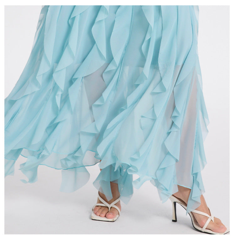 BONNIE BLUE BOW NECK TIERED RUFFLE MAXI DRESS
