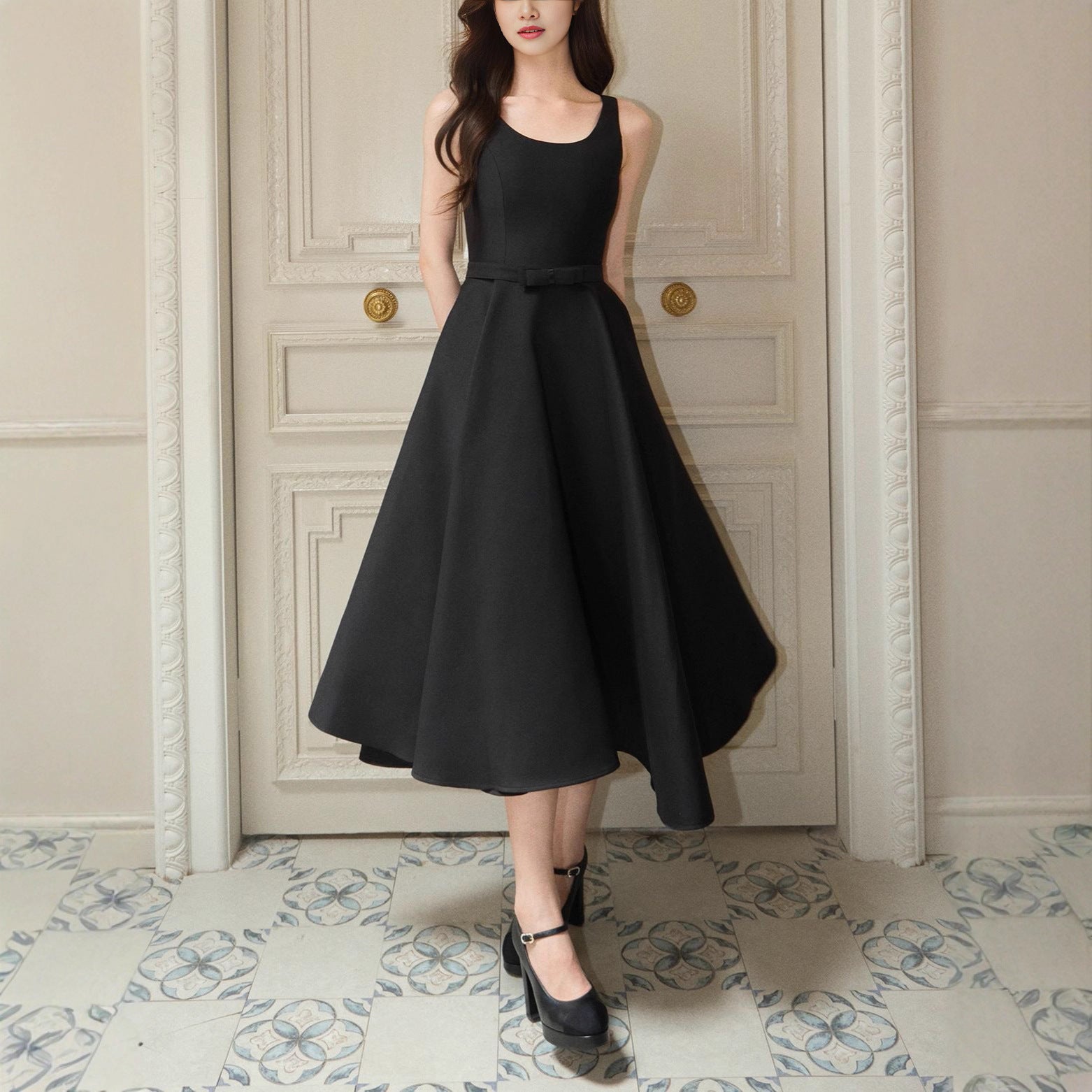 BOW U-NECK SLEEVELESS HEPBURN MIDI DRESS