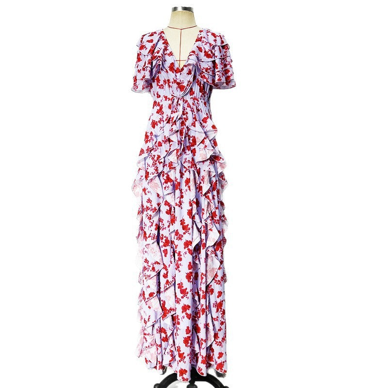 MULTICOLOR FLORAL CHIFFON RUFFLE MAXI DRESS
