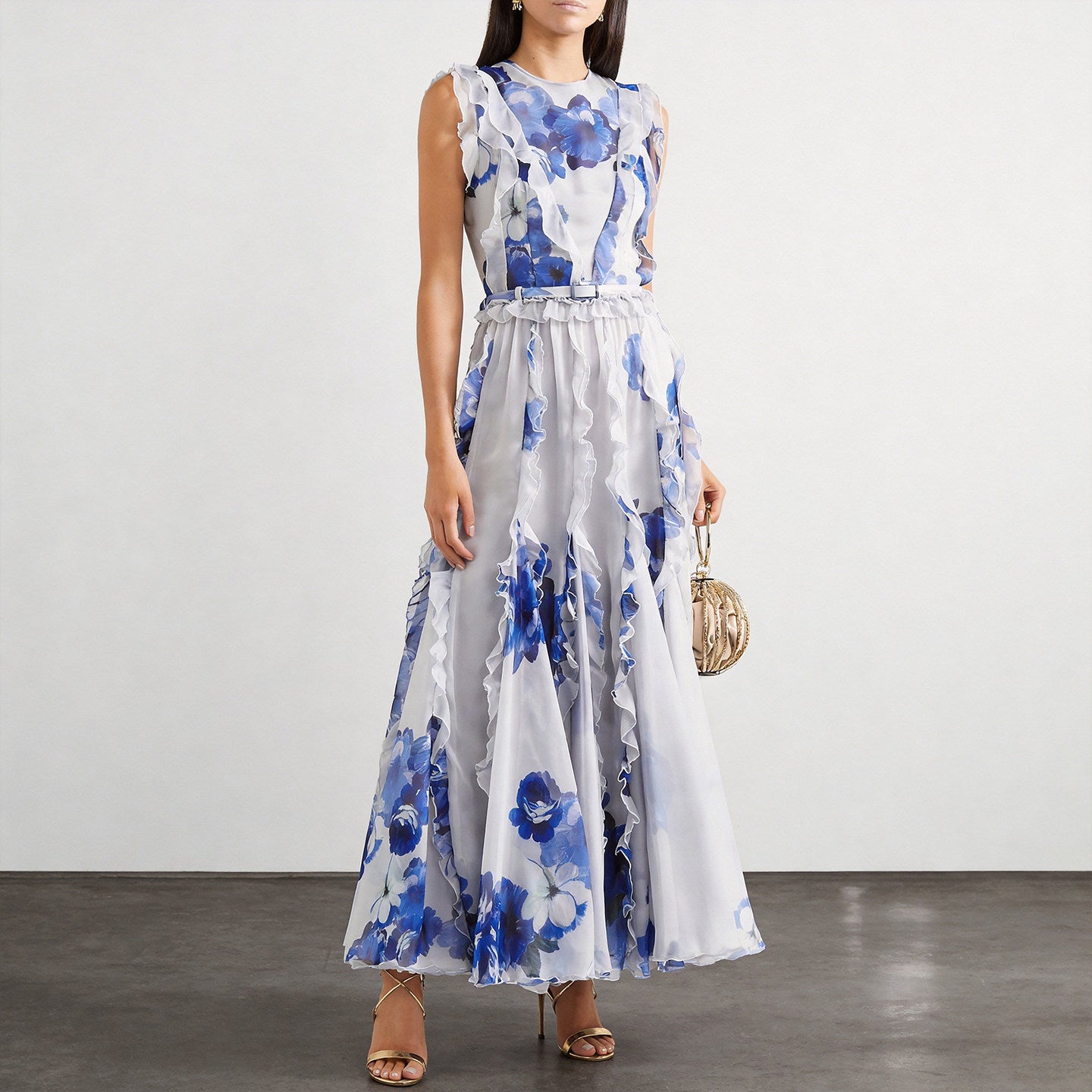 BLUE LANTERN SLEEVE RUFFLE DRESS FOR WEDDING GUEST