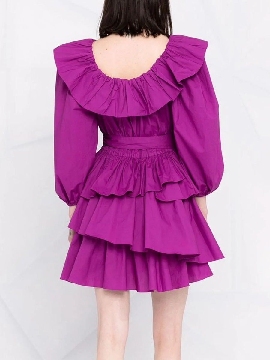 MURRAY PUFF SLEEVE RUFFLE LAYER MINI DRESS PURPLE