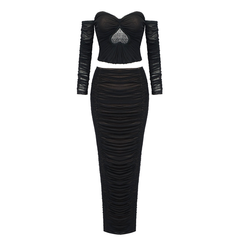 BLACK MESH RHINESTONE PLT STRAPLESS MAXI SKIRT SET