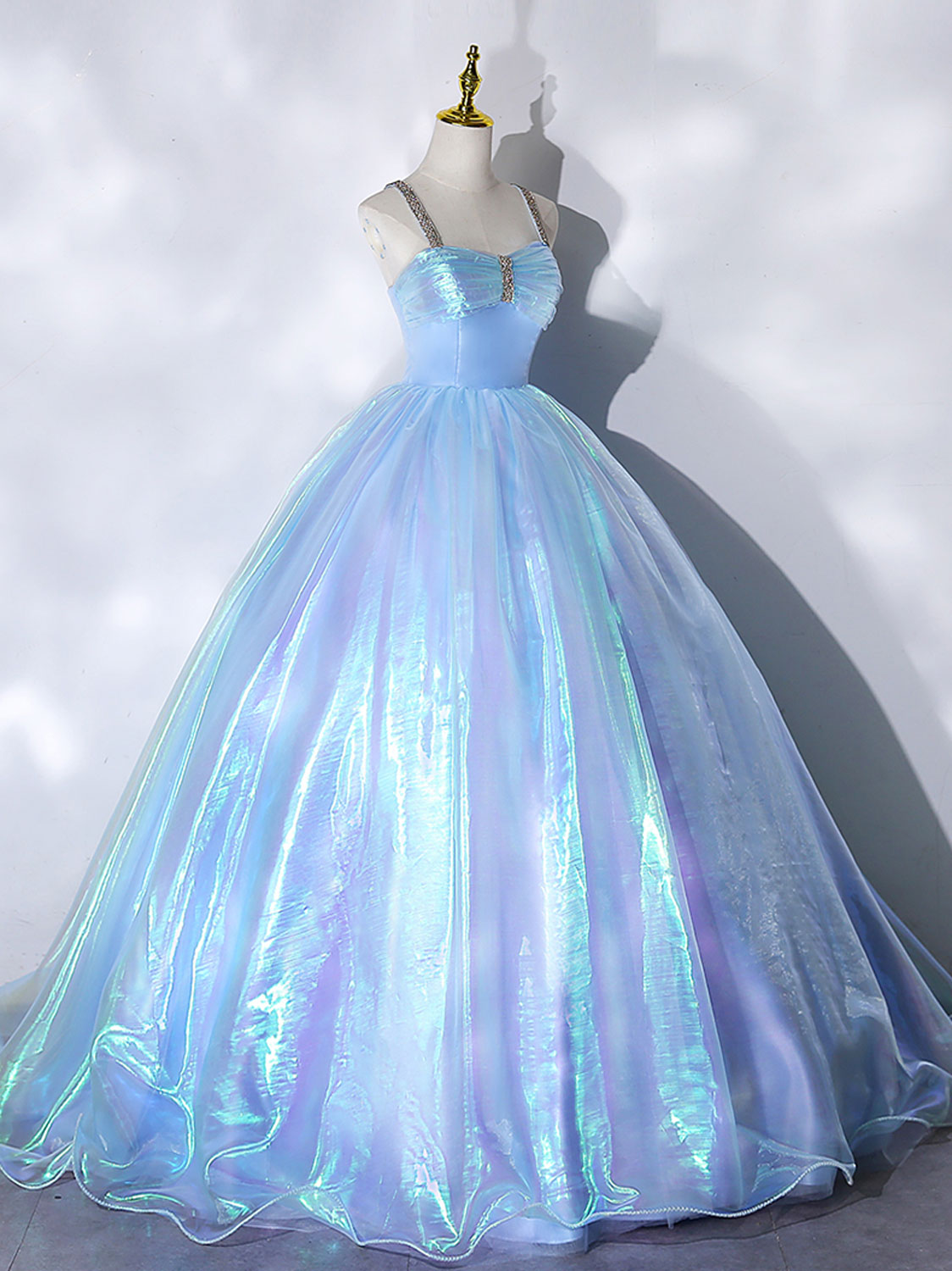 BALL GOWN V-NECK BLUE TULLE PROM DRESS
