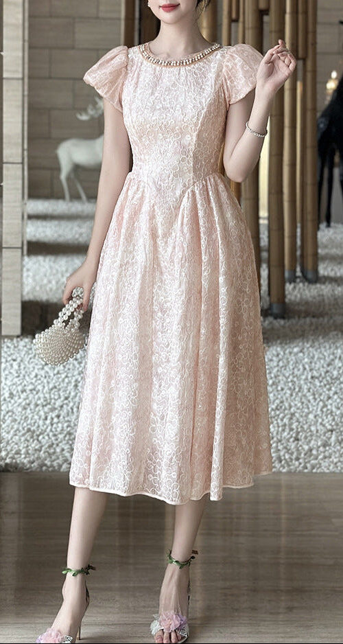 pearl neck Puff sleeve flared lace midi dress - pink pearl neck Puff sleeve flared lace midi dress - pink