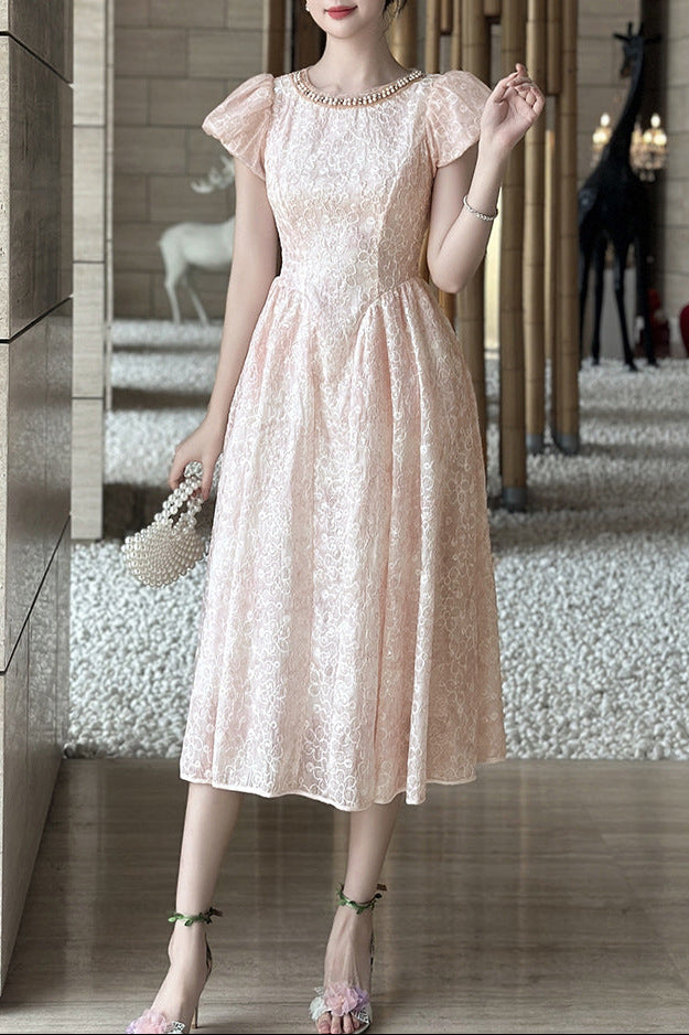 O1CN01wkC0ZF2Dd3V0mJeRK__991128631-0-cib PEARL NECK PUFF SLEEVE LACE MIDI DRESS - PINK