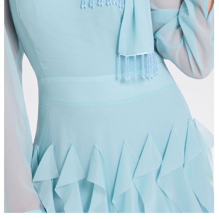 BONNIE BLUE BOW NECK TIERED RUFFLE MAXI DRESS
