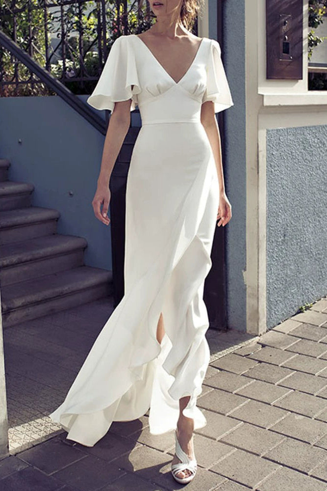 O1CN01wnXywE1SvZZYAJ78B__277952309 WHITE SATIN BACKLESS DRESS, FLARED SLEEVES V-NECK