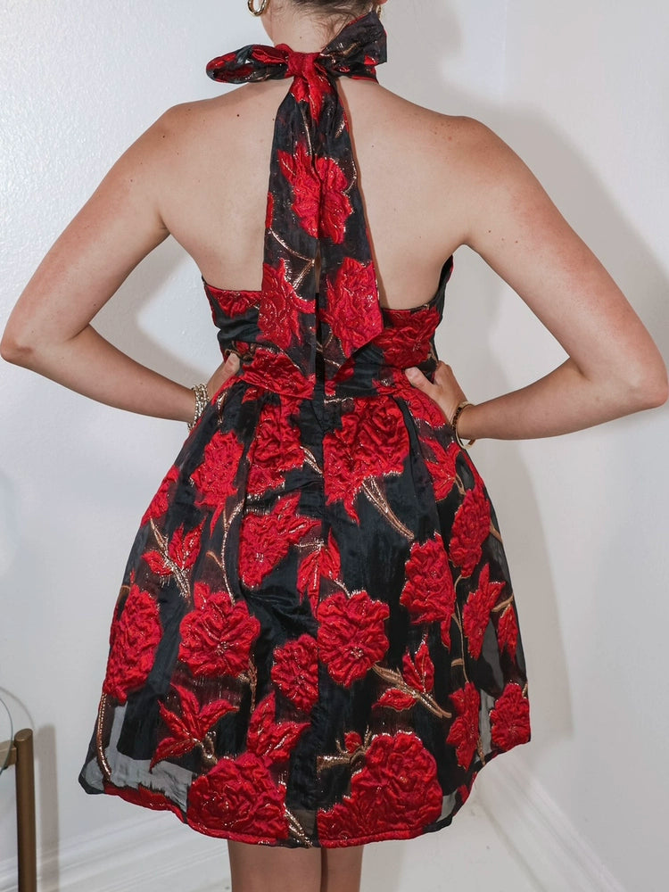 JACQUARD HALTER BACKLESS A-LINE MINI DRESS