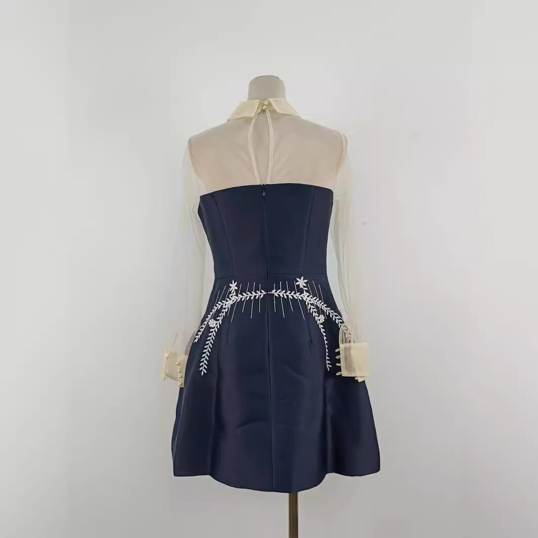 EMBROIDERED TULLE MINI DRESS, DARK BLUE, WEDDING GUEST