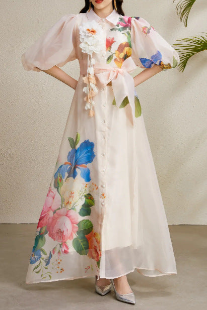 SINGLE-BREASTED FLORAL PUFF SLEEVE MAXI DRESS IN APRICOT