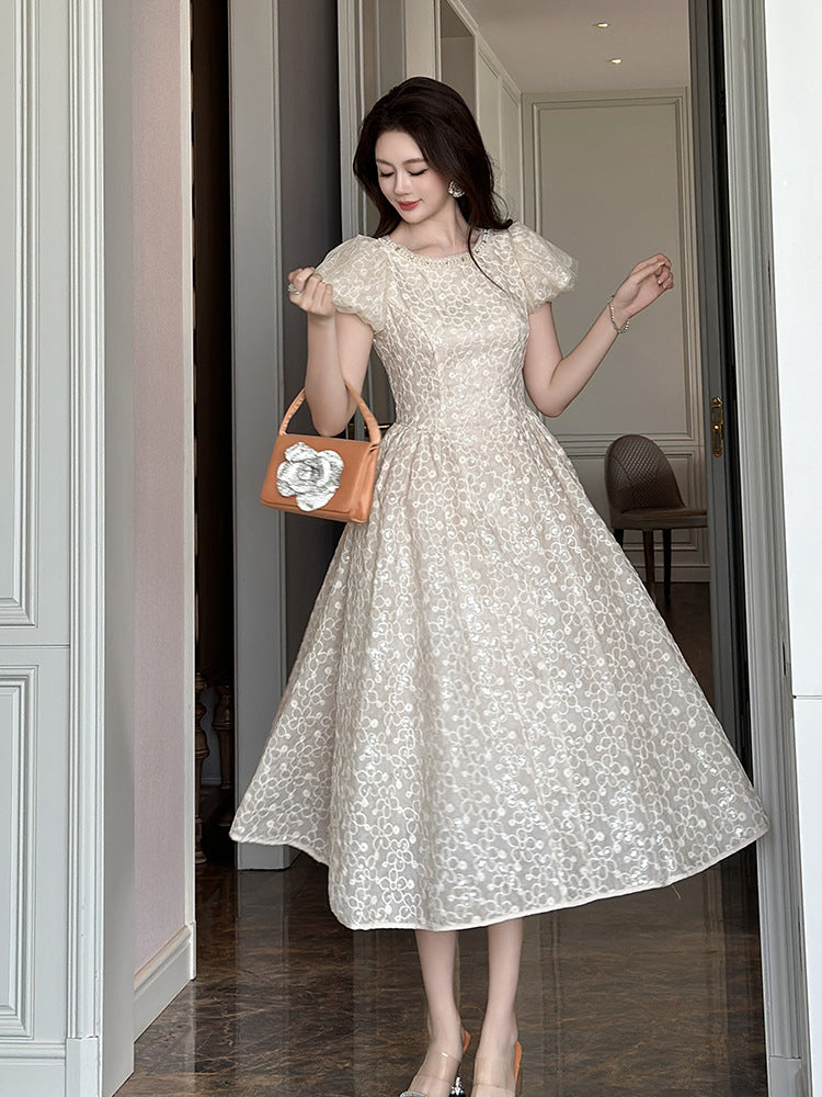 PEARL NECK PUFF SLEEVE LACE FLARE MAXI DRESS APRICOT