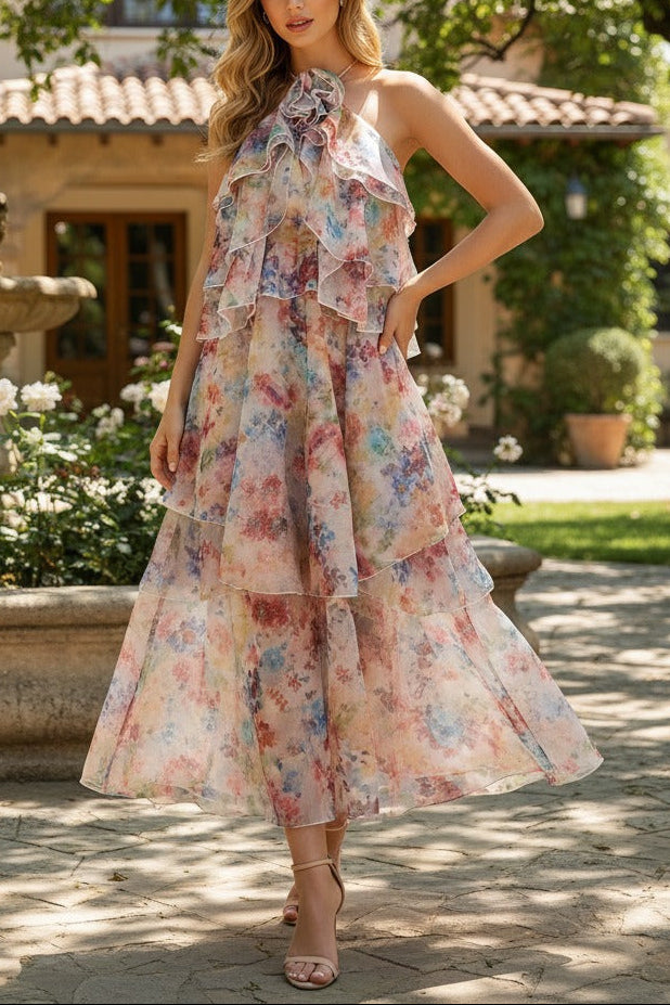 SUSIE MULTICOLOR FLORAL HALTER MIDI DRESS