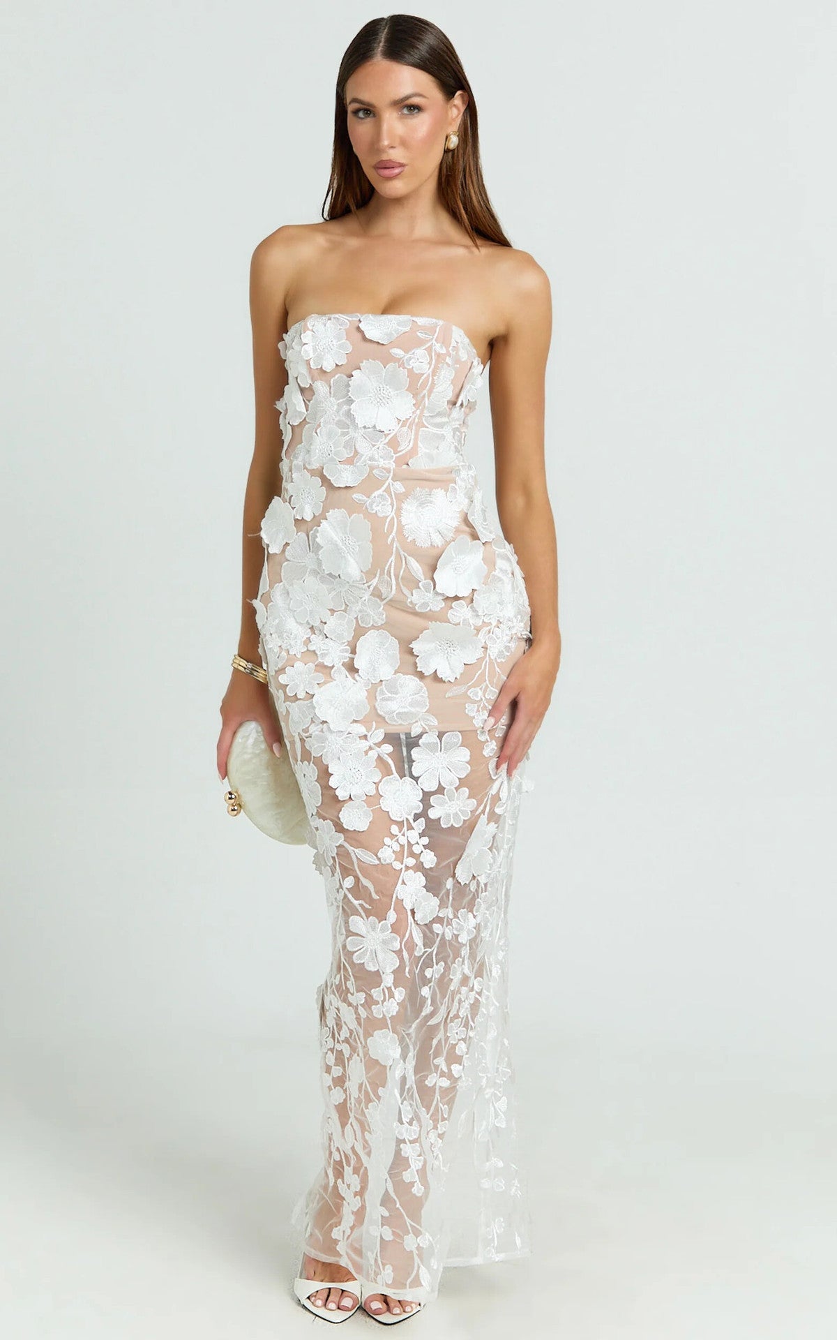 STRAPLESS 3D FLORAL MESH MAXI DRESS FOR WEDDING GUEST