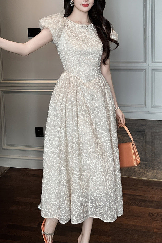 O1CN01x7uxAG2Dd3UyS637S__991128631-0-cib PEARL NECK PUFF SLEEVE LACE FLARE MAXI DRESS APRICOT