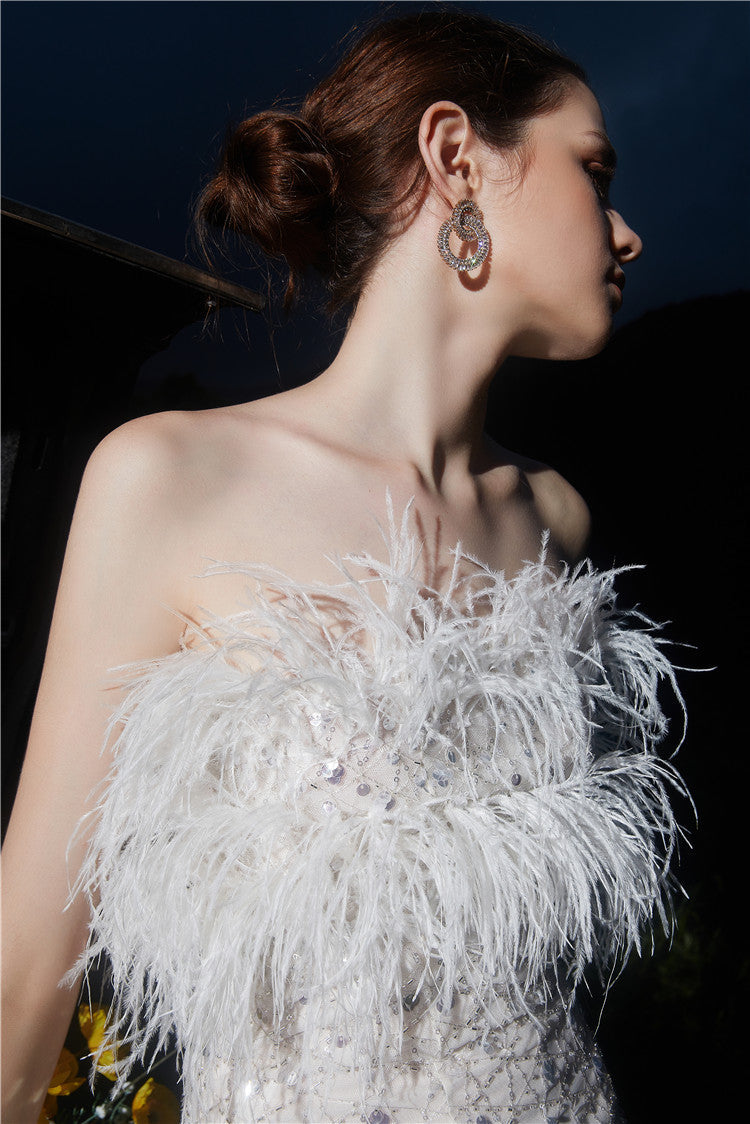 HAUTE COUTURE WHITE FEATHER SEQUIN DRESS