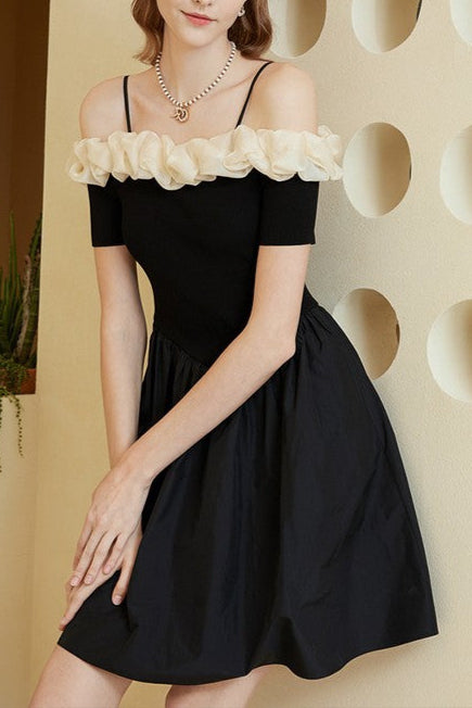 OFF-SHOULDER RUFFLE MINI DRESS, BLACK, PARTY