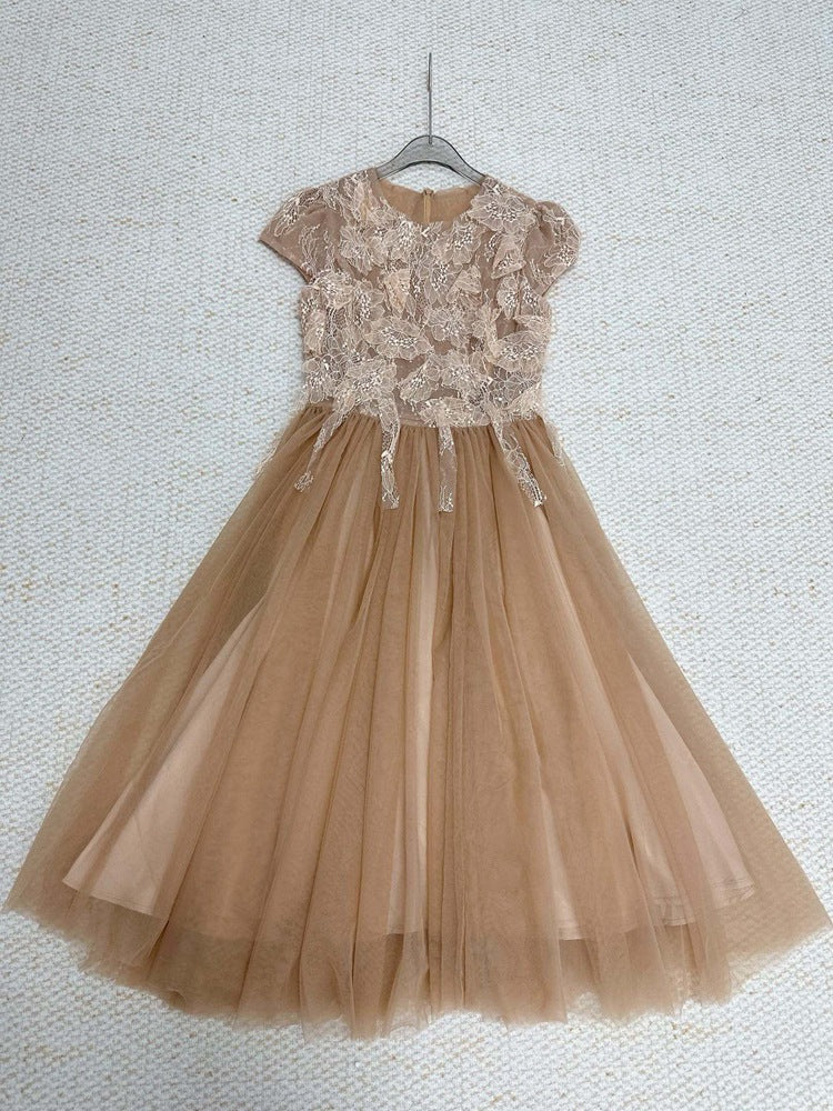 BROWN SEQUIN LACE MESH MAXI DRESS FOR EVENING