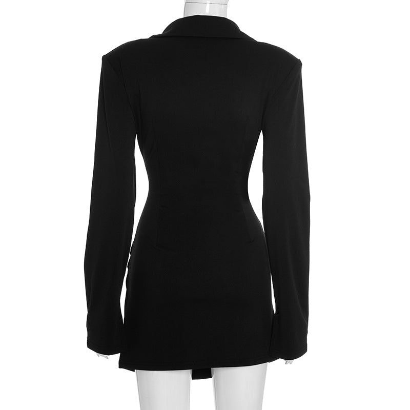 AMELIA V-NECK RUCHED BLAZER MINI DRESS, BLACK