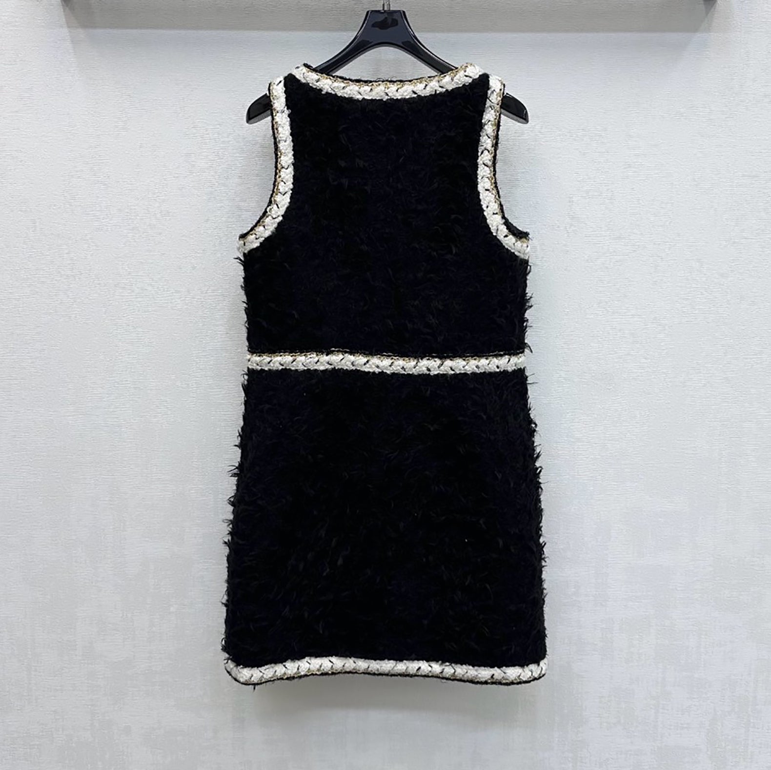 BLACK WOOL TWEED SLEEVELESS MINI COCKTAIL DRESS