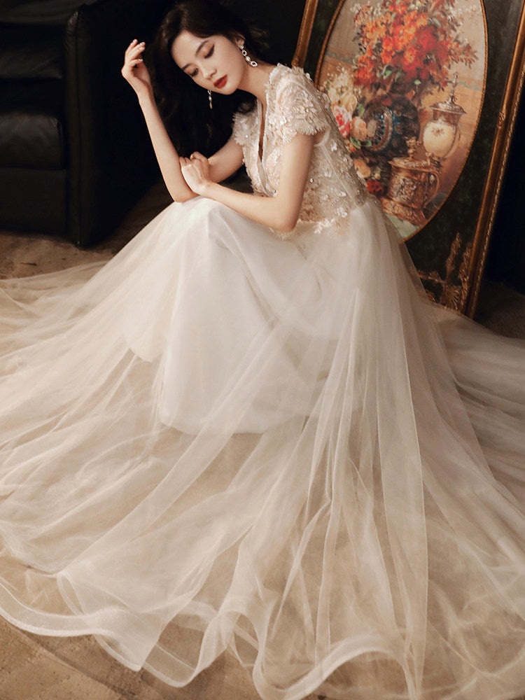 3D FLORAL LACE TULLE EVENING GOWN, FLOOR-LENGTH
