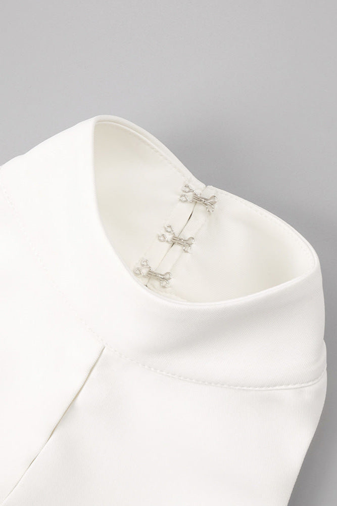 V-NECK BACKLESS HALTER CREPE DRESS - WHITE