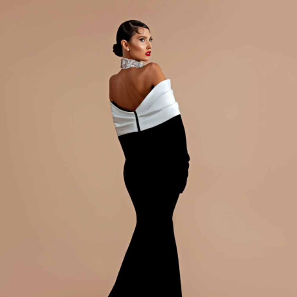 OFF SHOULDER BACKLESS BANDAGE BLACK MAXI DRESS