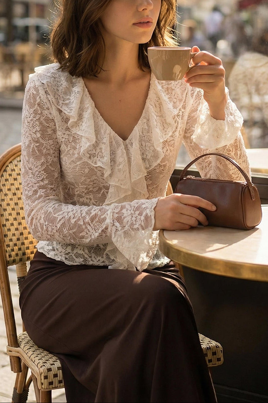 LACE HOLLOW FLARED SLEEVE TOP FOR PARTY