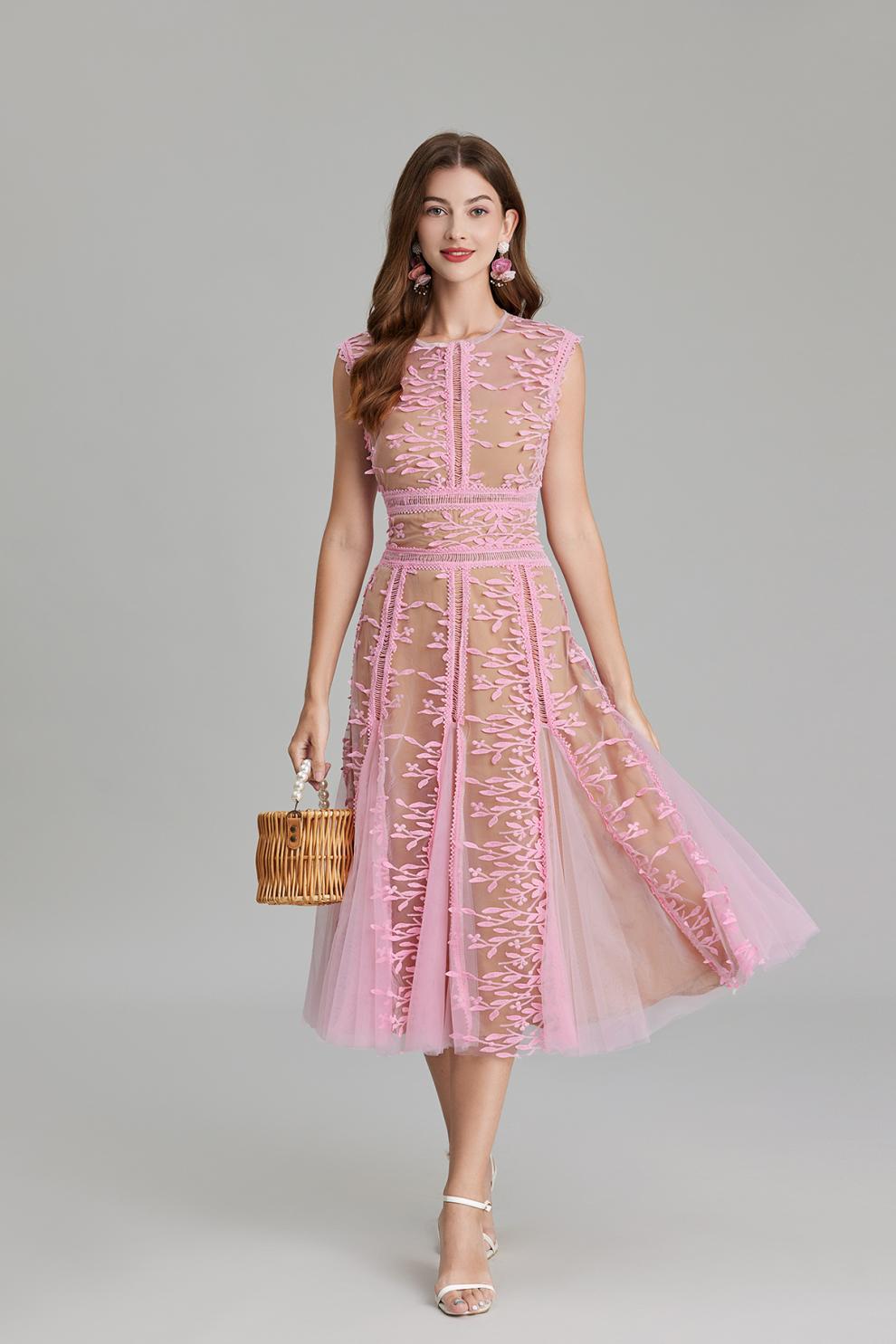 PHOENIX 3D LACE MIDI DRESS IN PINK