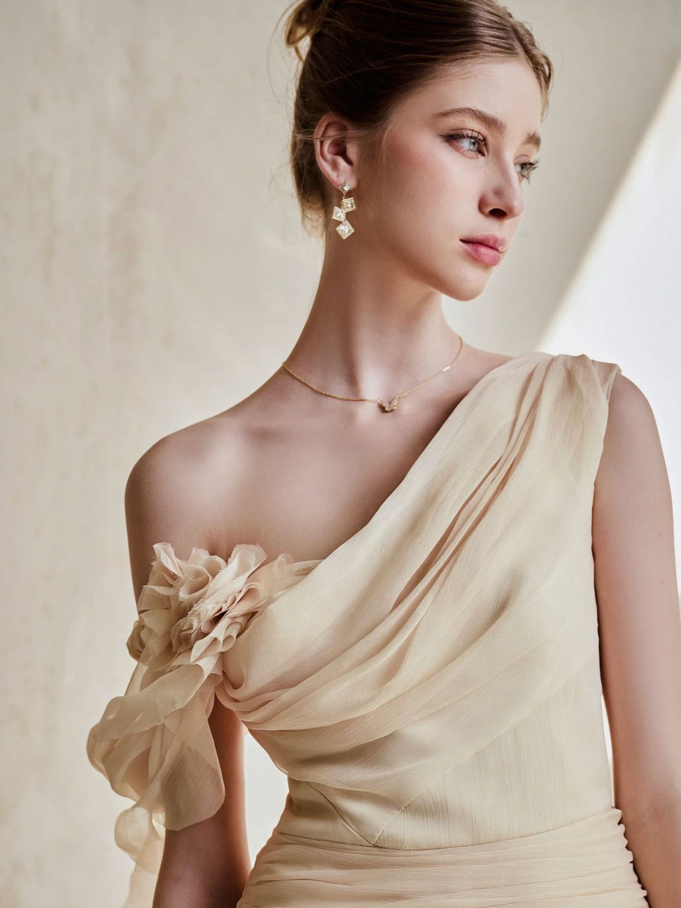 ONE-SHOULDER 3D FLOWER RUCHED MAXI DRESS