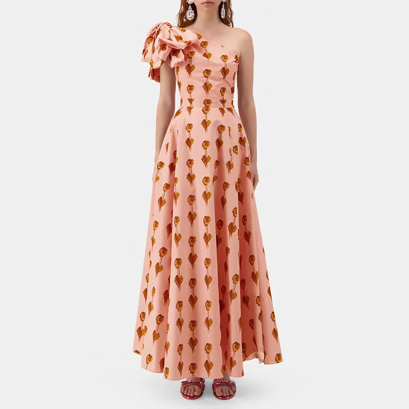 PINK BOW PRINT SLANTED SHOULDER DRESS
